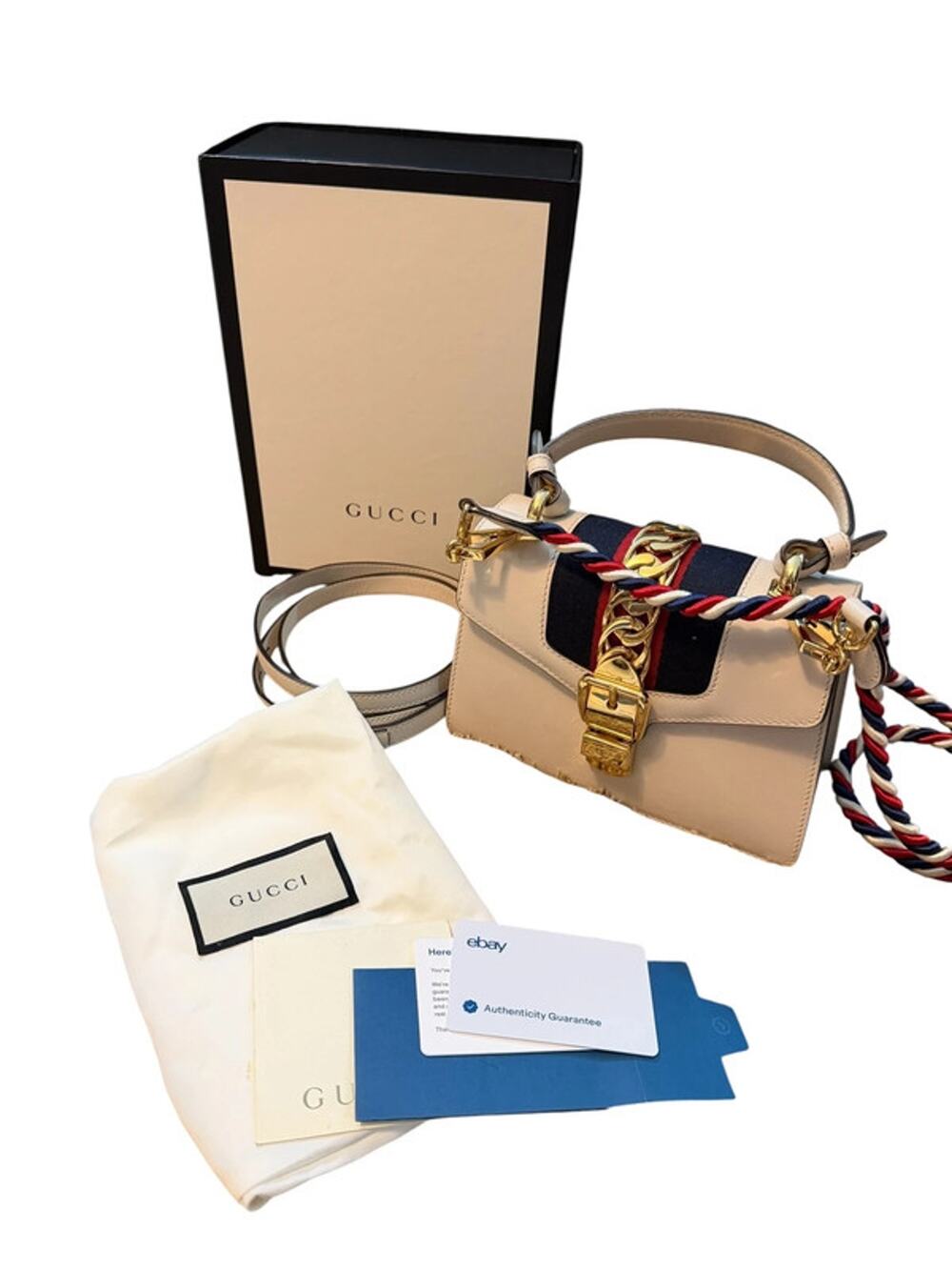 Authentic Gucci Sylvie Mini Off-White Leather Top Handle Crossbody Full Set